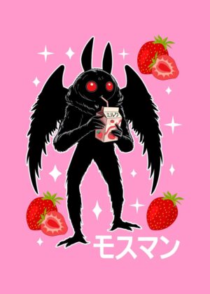 Mothman and Strawberries: Cute Cryptid Art Print - Premium Wooden Framed Poster. Ready to Hang.