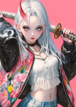 Oni Samurai Girl: Anime Art Print - Premium Wooden Framed Poster. Ready to Hang.