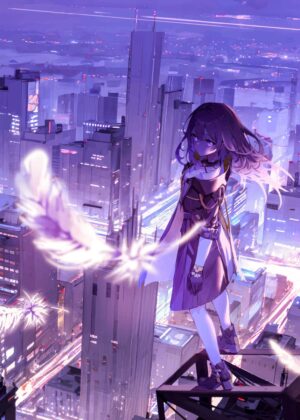 Beautiful Valkyrie Girl in Cyberpunk Cityscape - Premium Wooden Framed Poster. Ready to Hang.