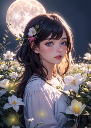 Anime Girl Under the Moonlight - Premium Wooden Framed Poster. Ready to Hang.