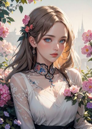 Anime Girl in a Flower Garden: Dreamy Digital Art Print - Premium Wooden Framed Poster. Ready to Hang.