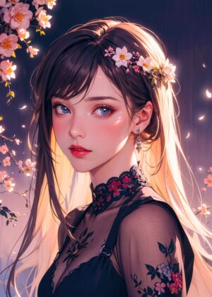 Anime Girl with Flowers in Spring - Premium Wooden Framed Poster. Ready to Hang.