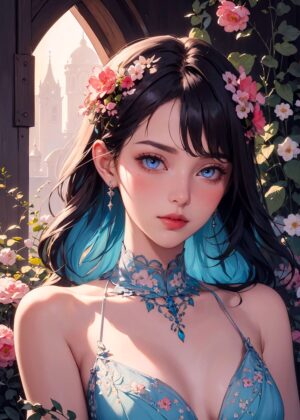 Anime Girl with Flowers: A Dreamy Digital Artwork - Premium Wooden Framed Poster. Ready to Hang.