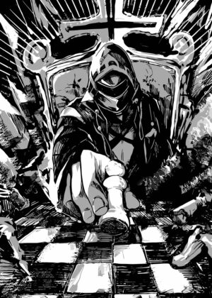 ARK KNIGHT: Chess Masterpiece - Black and White Illustration - Premium Wooden Framed Poster. Ready to Hang.