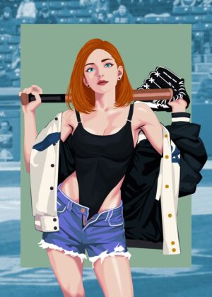 Stylish Baseball Girl Illustration - Premium Wooden Framed Poster. Ready to Hang.