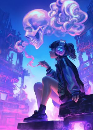 Cyberpunk Skull Girl: Neon Dreamscapes - Premium Wooden Framed Poster. Ready to Hang.