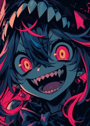 Anime Girl with Sharp Teeth: Dark Fantasy Art Print - Premium Wooden Framed Poster. Ready to Hang.