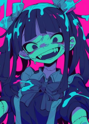 Creepy Cute Anime Girl Art Print - Premium Wooden Framed Poster. Ready to Hang.