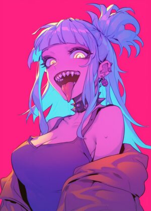 Neon Cyberpunk Anime Girl Art Print - Premium Wooden Framed Poster. Ready to Hang.
