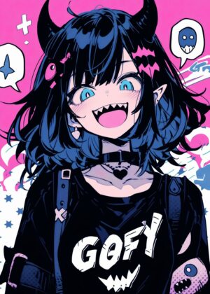 Smiling Anime Girl with Horns: Kawaii Dark Art Print - Premium Wooden Framed Poster. Ready to Hang.