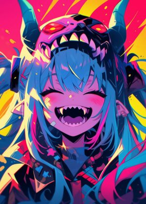 Smiling Anime Girl with Demon Mask: Vibrant Digital Art Print - Premium Wooden Framed Poster. Ready to Hang.
