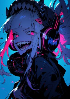 Cyberpunk Anime Girl Headphones Art Print - Premium Wooden Framed Poster. Ready to Hang.