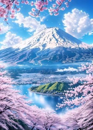 Mount Fuji Spring Landscape: A Breathtaking View - Premium Wooden Framed Poster. Ready to Hang.