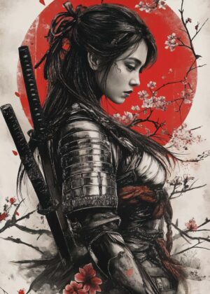 Geisha Samurai: Cherry Blossoms of Japan - Premium Wooden Framed Poster. Ready to Hang.