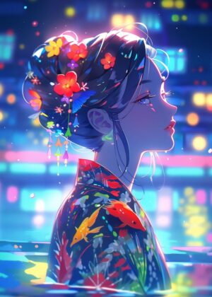 Serene Anime Girl in a Night Pool - Premium Wooden Framed Poster. Ready to Hang.