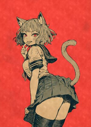 Vintage Cat Girl Illustration: Red Background - Premium Wooden Framed Poster. Ready to Hang.