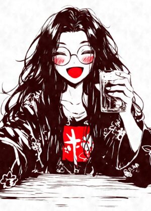 Smiling Anime Girl Enjoying a Drink - Premium Wooden Framed Poster. Ready to Hang.