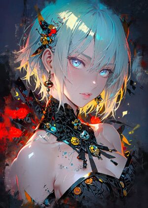 Stunning Anime Girl with Short Silver Hair - Premium Wooden Framed Poster. Ready to Hang.