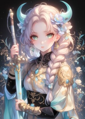 Anime Oni Girl: Celestial Warrior Art Print - Premium Wooden Framed Poster. Ready to Hang.