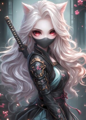 Anime Ninja Fox Girl: Mystical Warrior Art Print - Premium Wooden Framed Poster. Ready to Hang.