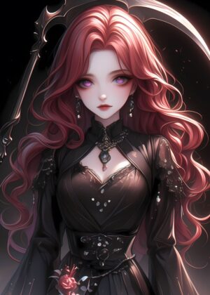 Elegant Anime Girl with Crimson Hair and Dark Attire - Premium Wooden Framed Poster. Ready to Hang.