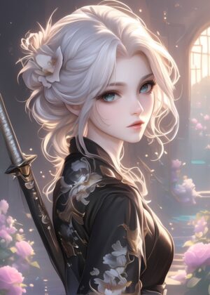 Anime Samurai Girl: Elegant Warrior in Bloom - Premium Wooden Framed Poster. Ready to Hang.