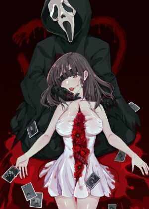 Ghostface and Victim: A Dark Anime-Style Illustration - Premium Wooden Framed Poster. Ready to Hang.