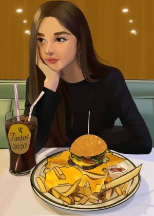 Girl in a Diner: A Relaxed Moment Captured in Art - Premium Wooden Framed Poster. Ready to Hang.