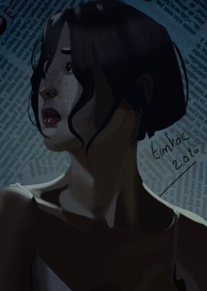 Melancholy Muse: A Digital Painting of a Weeping Woman - Premium Wooden Framed Poster. Ready to Hang.