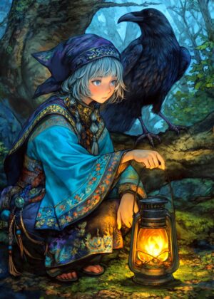 Mystical Girl with Lantern and Raven in Forest - Premium Wooden Framed Poster. Ready to Hang.