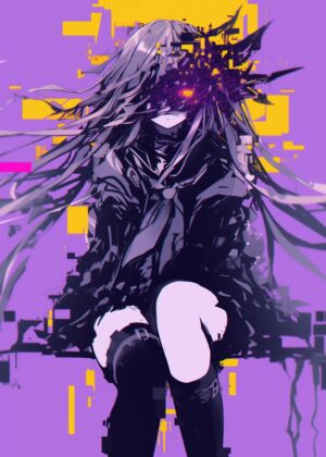 Glitch Core Anime Girl Art Print - Premium Wooden Framed Poster. Ready to Hang.
