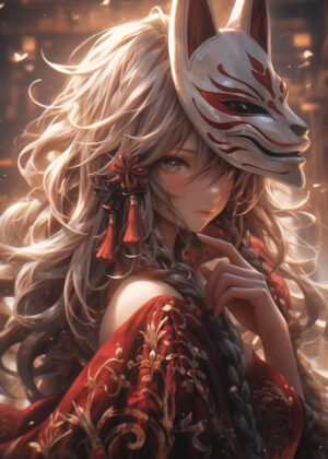 Kitsune Mask Anime Girl: Elegant Digital Art Print - Premium Wooden Framed Poster. Ready to Hang.
