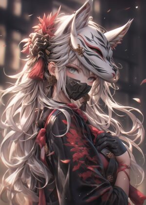 Elegant Samurai Girl with Fox Mask: Anime Art Print - Premium Wooden Framed Poster. Ready to Hang.