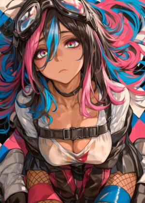 Anime Girl Pilot: Vibrant Colors and Bold Style - Premium Wooden Framed Poster. Ready to Hang.