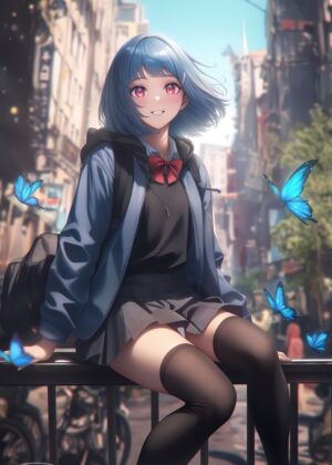 Anime School Girl with Butterflies - Premium Wooden Framed Poster. Ready to Hang.