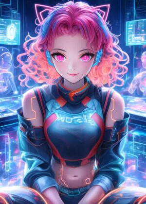 Cyberpunk Girl: Neon Dreams - Premium Wooden Framed Poster. Ready to Hang.