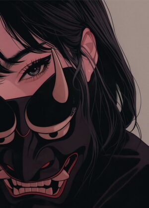 Anime Girl Oni Mask Art Print - Premium Wooden Framed Poster. Ready to Hang.