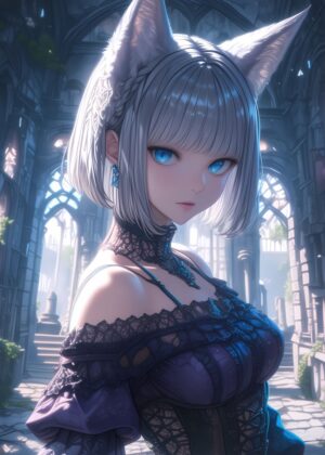Elegant Anime Girl with Cat Ears: Mystical Beauty - Premium Wooden Framed Poster. Ready to Hang.