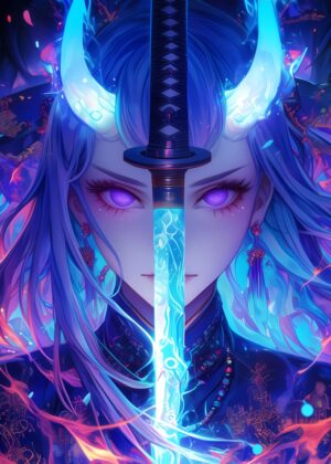 Anime Demon Girl with Sword: Fiery Blue Spirit - Premium Wooden Framed Poster. Ready to Hang.