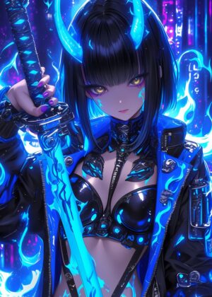 Cyberpunk Anime Girl with Blue Flames and Katana - Premium Wooden Framed Poster. Ready to Hang.