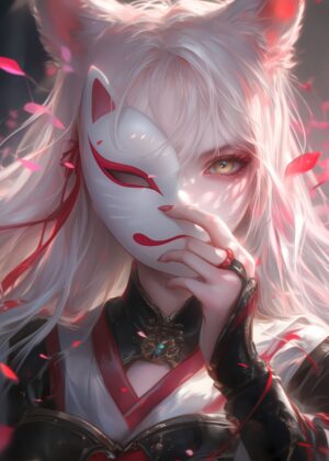 Kitsune Mask Anime Girl Art Print - Premium Wooden Framed Poster. Ready to Hang.