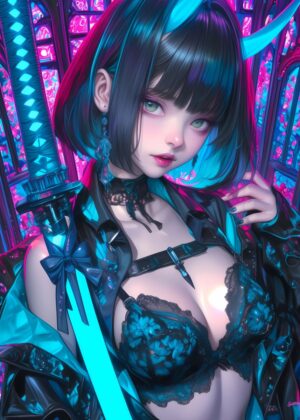 Cyberpunk Anime Sexy Demon Girl Art Print - Premium Wooden Framed Poster. Ready to Hang.