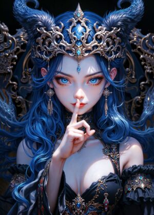 Mysterious Blue-Haired Anime Girl Art Print - Premium Wooden Framed Poster. Ready to Hang.