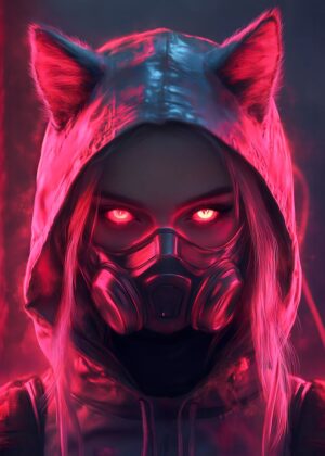 Neon Cyberpunk Foxy Girl: Digital Art Print - Premium Wooden Framed Poster. Ready to Hang.