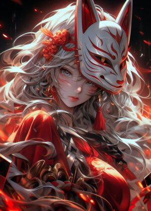 Kitsune Mask Samurai Girl: Anime Art Print - Premium Wooden Framed Poster. Ready to Hang.