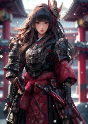 Stunning Samurai Anime Girl Artwork - Premium Wooden Framed Poster. Ready to Hang.