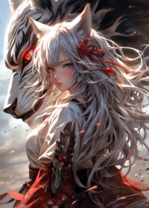 Wolf Samurai Girl: Anime Art Print - Premium Wooden Framed Poster. Ready to Hang.