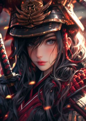 Samurai Warrior Girl: Digital Art Print - Premium Wooden Framed Poster. Ready to Hang.
