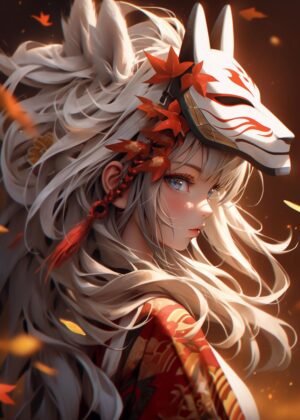 Anime Girl with Kitsune Mask: Autumn Elegance - Premium Wooden Framed Poster. Ready to Hang.