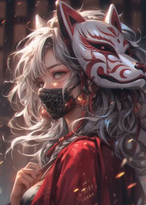 Kitsune Mask Samurai Siren: Anime Art Print - Premium Wooden Framed Poster. Ready to Hang.